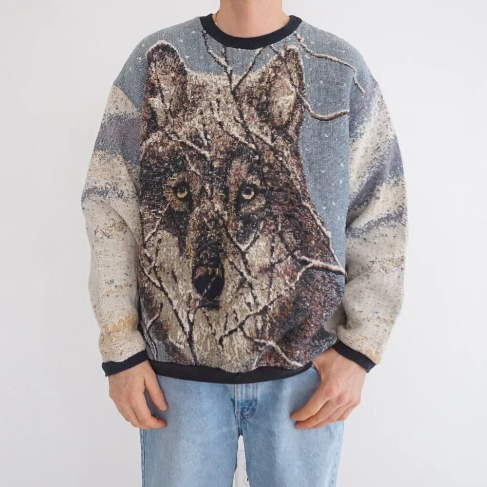Vintage Sugar Street Weavers Rare Wolf Tapestry Sweater Pullover Adult XL - Picture 1 of 10
